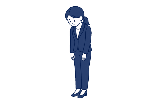 ポニーテールで紺色のパンツスーツの女性が、肩を落としてうつむき落ち込んでいるイラスト。