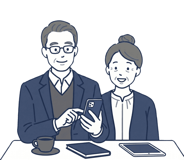 高齢の男性がスマートフォンを手に持って操作しているイラスト。