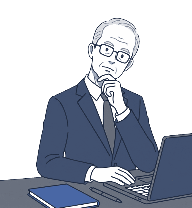 高齢の男性がパソコンを前に首をかしげ、戸惑っているイラスト。