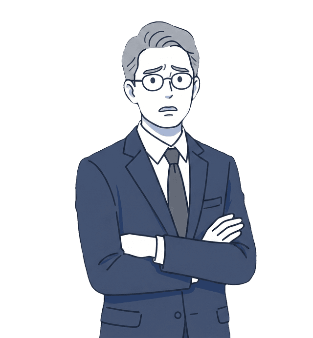 高齢の男性が一人で腕を組み、困った表情をしているイラスト。