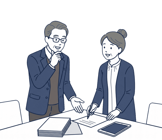 高齢の男性が士業の先生と向かい合い、相続について相談しているイラスト。