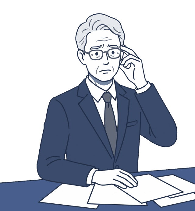 高齢の男性が相続関連書類を前に不安そうな表情をしているイラスト。