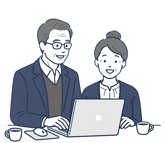 高齢の男女が並んで座り、ノートパソコンを一緒に操作しているイラスト。