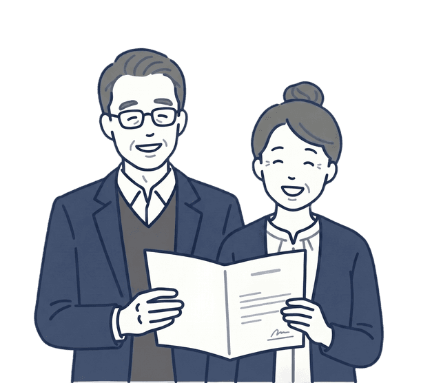 高齢の男女が並んで書類を眺めながら、ほっとした笑顔を浮かべているイラスト。