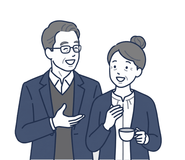 高齢の男女が向かい合って楽しそうに会話しているイラスト。