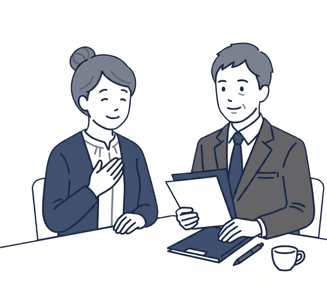 高齢の女性が士業の先生から説明を受け、安心した笑顔を見せているイラスト。