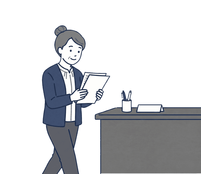 高齢の女性が書類を手に持って、窓口に向かって歩いているイラスト。