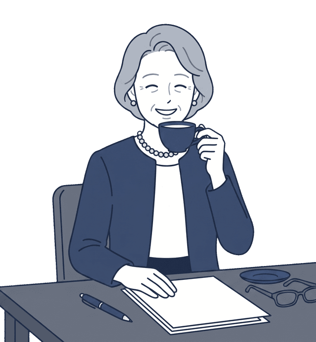 高齢の女性が湯のみを手に、リラックスして書類を読んでいるイラスト。
