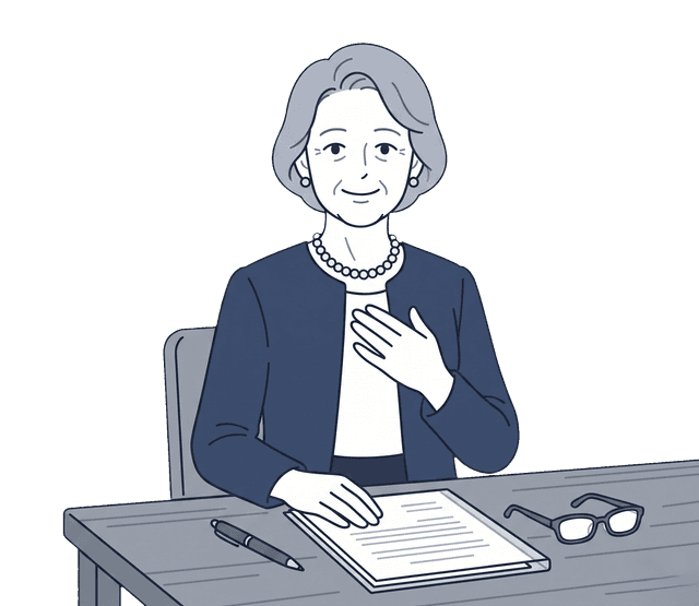 高齢の女性が手続き完了の書類を手にし、安堵の笑顔を見せているイラスト。