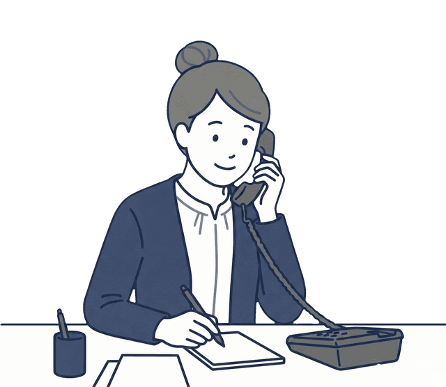 高齢の女性がスマートフォンを耳に当て、メモを取りながら相談しているイラスト。