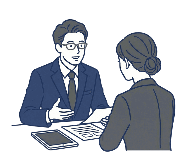 眼鏡をかけた紺色のスーツの税理士がテーブル越しに座るお客様と向き合い、手振りを交えて説明しているイラスト。机の上にはタブレットと書類が置かれている。