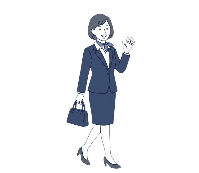 スーツの女性客が相談を終え、満足した笑顔で歩き出しているイラスト。
