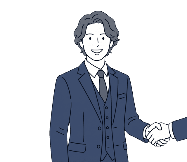 スーツの男性客が士業の先生と握手を交わし、満足した笑顔を見せているイラスト。