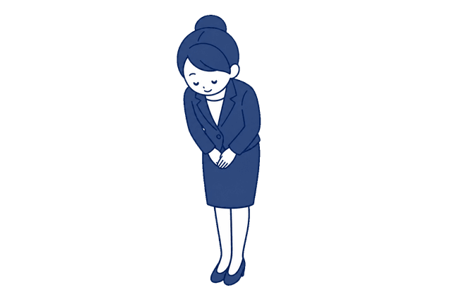 髪をお団子にまとめた紺色のスカートスーツの女性が、両手を前で揃えてお辞儀をしているイラスト。