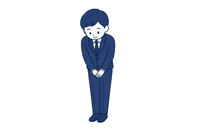 紺色のスーツとネクタイ姿の男性が、両手を前で揃えてお辞儀をしているイラスト。