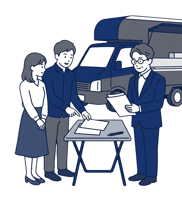 キッチンカーで移動販売をする若い夫婦がフードトラックの前で車両の減価償却と仕入れ経費の計上について税理士に相談しているイラスト