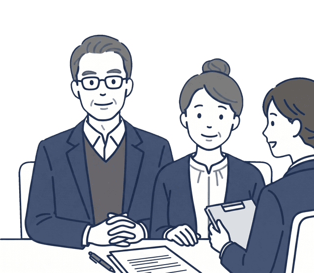 高齢の夫婦が士業の先生と向かい合い、書類を前に遺言書について相談しているイラスト。