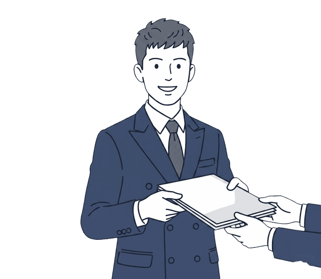 紺色のスーツのスタッフがお客様に両手で書類を渡しているイラスト。