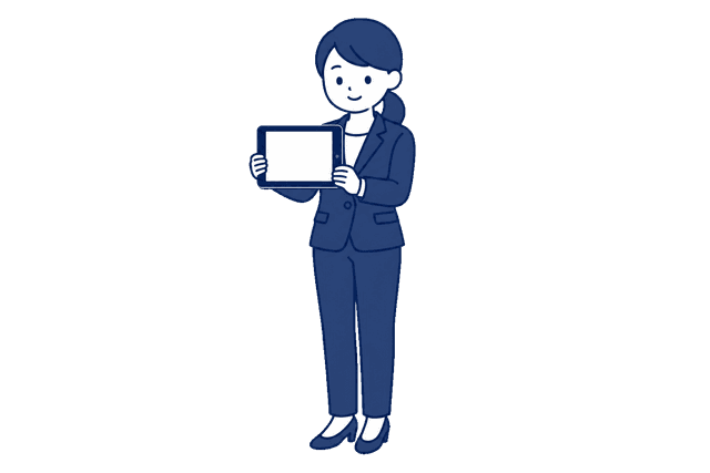 紺色のパンツスーツを着た女性が、タブレット端末の画面をこちらに向けて見せているイラスト。