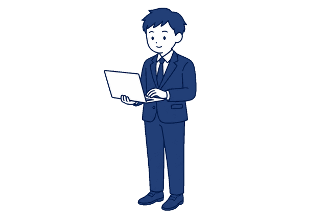 紺色のスーツ姿の男性が、片手で支えたノートパソコンを操作しているイラスト。