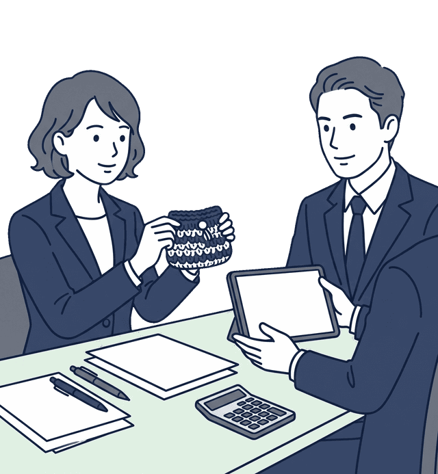 ハンドメイド作品をフリマアプリで販売している主婦が出品商品を手に雑所得と事業所得の判定基準について税理士に相談しているイラスト