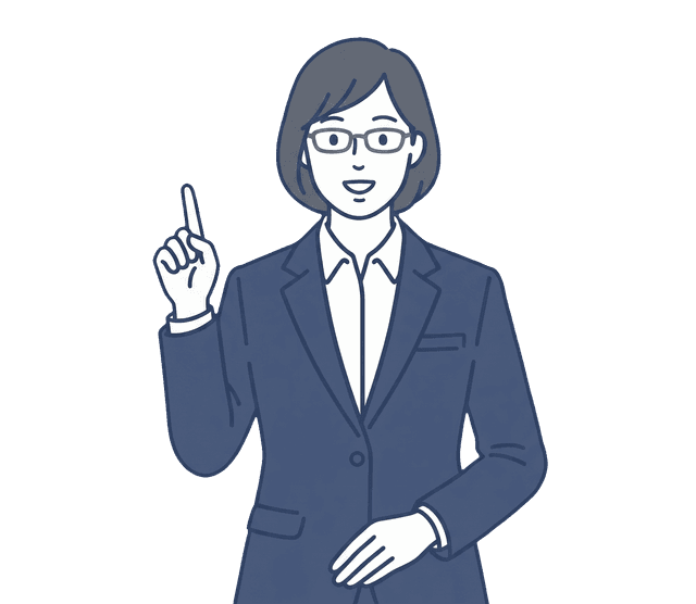 紺色のスーツのビジネス女性が人差し指を立て、ひらめいた瞬間の表情を見せているイラスト。