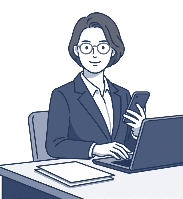 紺色のスーツの女性がスマホとパソコンを同時に操作しているイラスト。