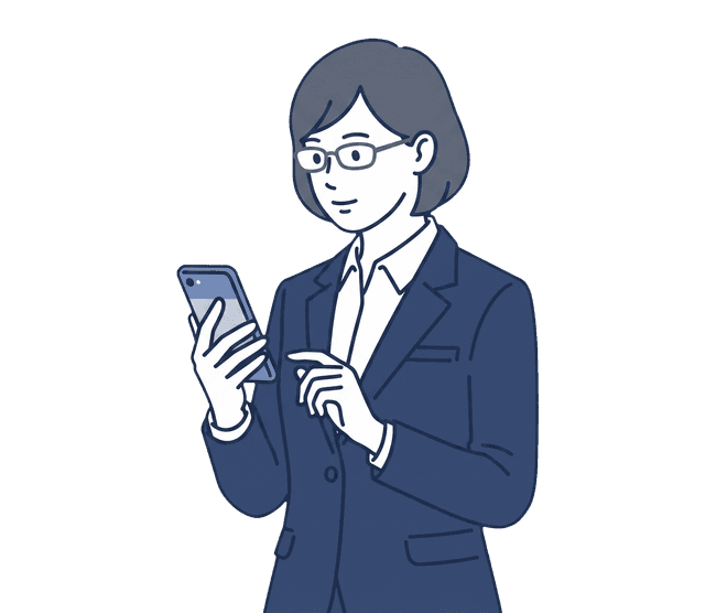 紺色のスーツの女性がスマートフォンの画面を確認しているイラスト。