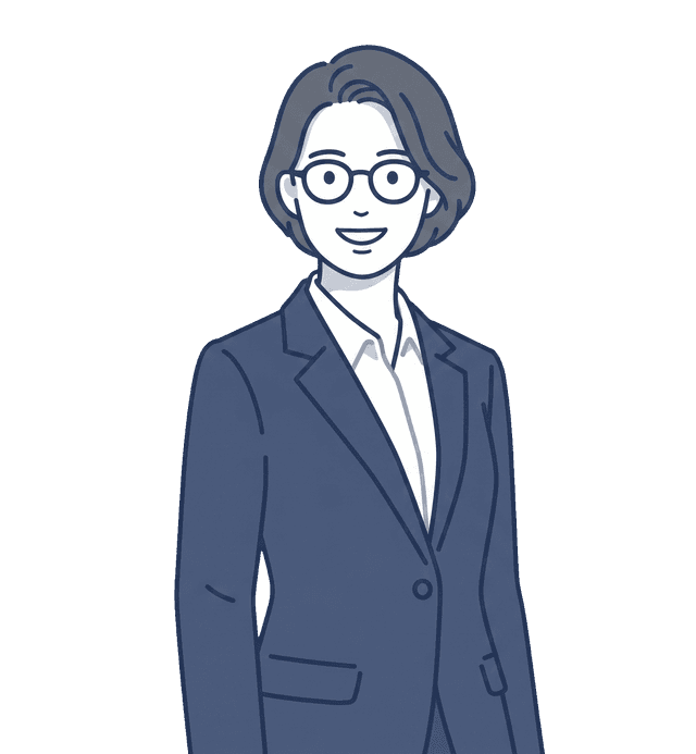 紺色のスーツの女性が正面を向いて全身で立ち、軽く微笑んでいるイラスト。