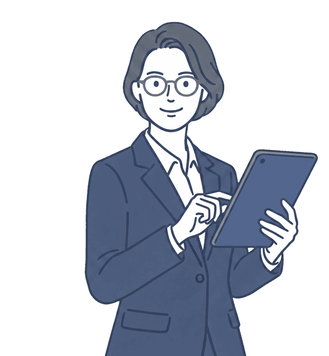 紺色のスーツの女性がタブレット端末を手に持ち操作しているイラスト。