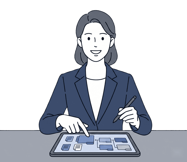 紺色のスーツの女性がパソコンでデジタル書類を整理しているイラスト。