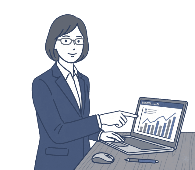 紺色のスーツの女性がパソコン画面を指差しながら説明しているイラスト。
