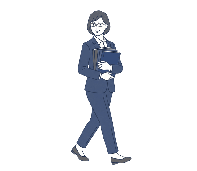 紺色のスーツの女性が複数のファイルを脇に抱え、歩いているイラスト。