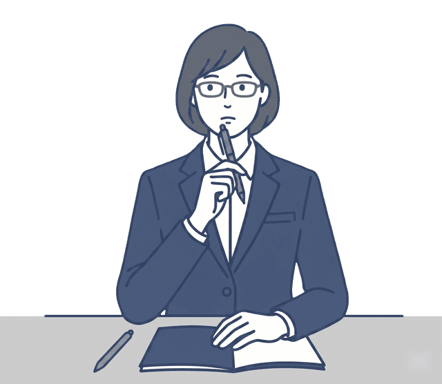紺色のスーツの女性がペンを口元に当て、考え込んでいるイラスト。