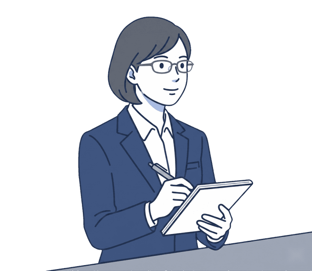 紺色のスーツの女性がノートにメモを取りながら相手の話を聞いているイラスト。