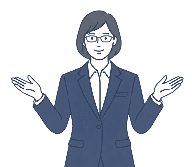 紺色のスーツの女性が両手を広げ、丁寧に説明しているイラスト。
