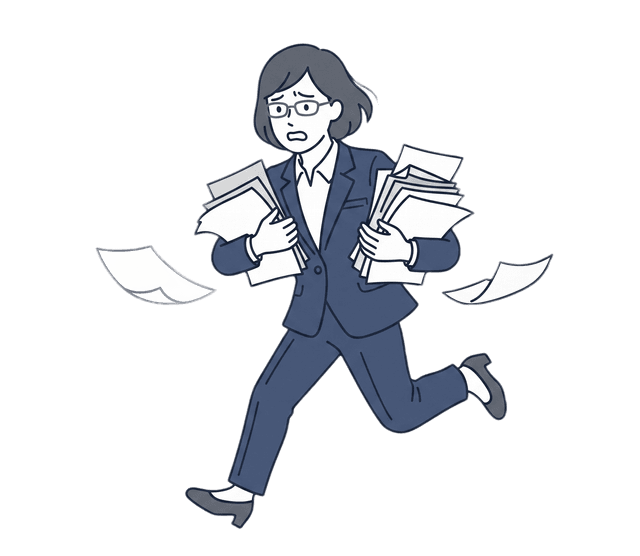 ビジネス女性が困りながら忙しく走っているイラスト