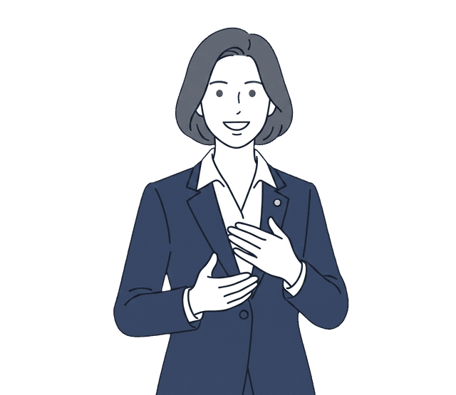 紺色のスーツの女性が明るい笑顔で正面を向いているイラスト。