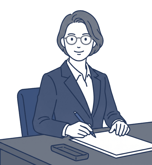 紺色のスーツの女性がペンを持ち、書類にサインしているイラスト。