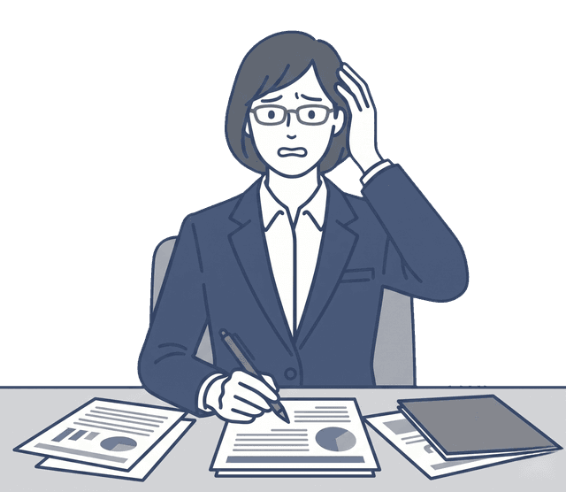 紺色のスーツの女性が書類を前にして困った表情をしているイラスト。