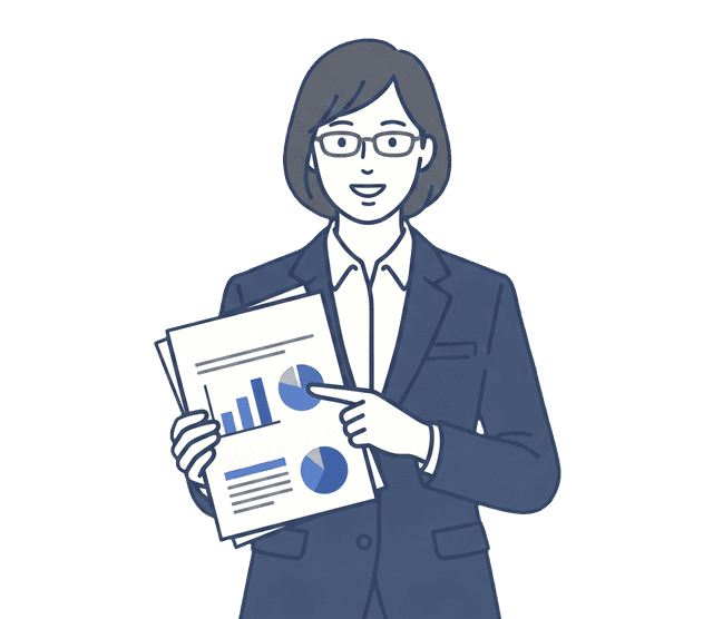 紺色のスーツの女性が書類を手に持ち、説明しているイラスト。
