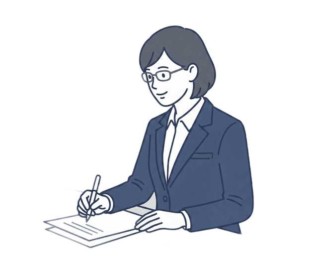 ビジネス女性が書類を書いている左向きのイラスト