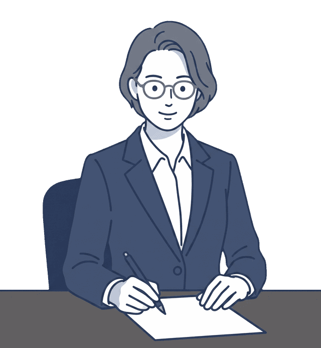 紺色のスーツの女性が机に向かい、ペンで書類を書いているイラスト。