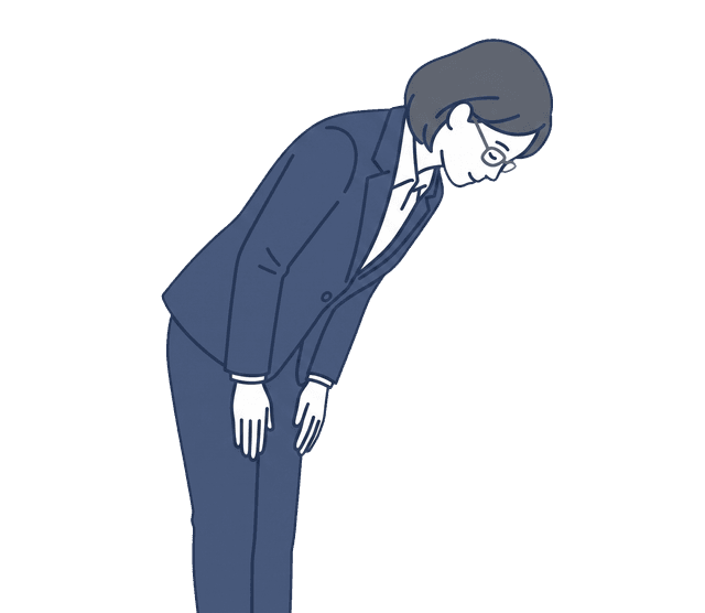 紺色のスーツのビジネス女性が両手を前で揃え、深くお辞儀をしているイラスト。