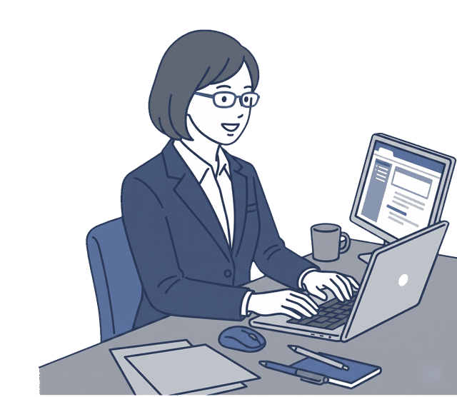 紺色のスーツの女性がパソコンに向かい、笑顔で作業しているイラスト。