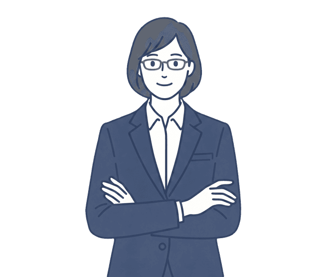 紺色のスーツの女性が腕を組み、安心した表情を見せているイラスト。
