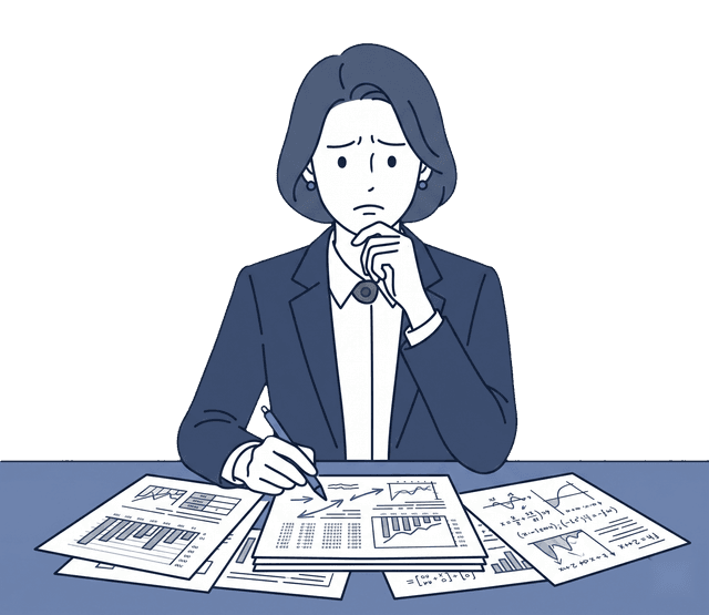 紺色のスーツの女性が複雑な書類を前にして困った表情をしているイラスト。
