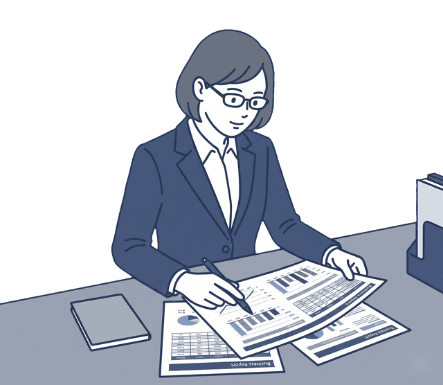 紺色のスーツの女性が机に資料を広げ、確認しているイラスト。