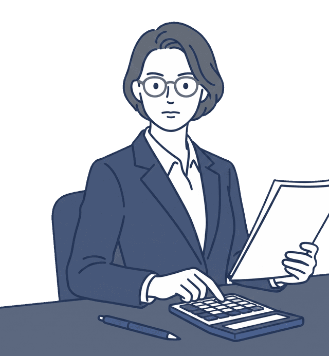 紺色のスーツの女性が電卓を操作しながら計算しているイラスト。
