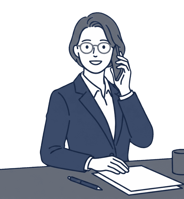 スーツ姿のビジネス女性が電話を耳に当てながら笑顔で対応しているイラスト